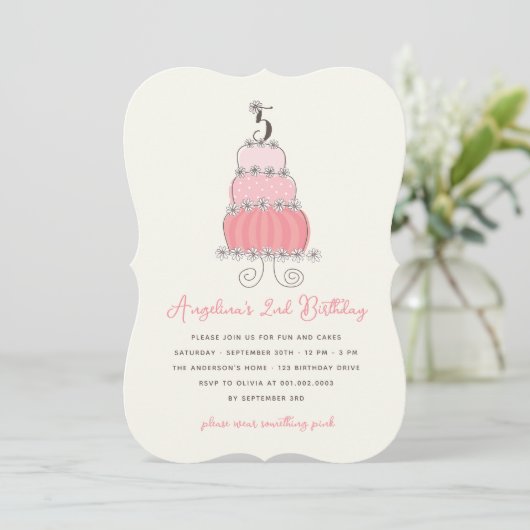 Whimsical Pink Cake Girl 5th Birthday Party Invite Kaart (Staand voorkant)