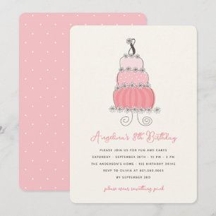 Whimsical Pink Cake Girl 8th Birthday Party Invite Kaart
