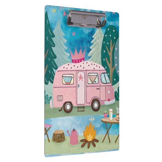 Whimsical Pink Camper Van Camping Scene Klembord (Rechts)