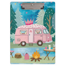 Whimsical Pink Camper Van Camping Scene