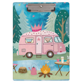 Whimsical Pink Camper Van Camping Scene Klembord