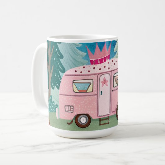 Whimsical Pink Camper Van Camping Scene Koffiemok (Voorkant links)