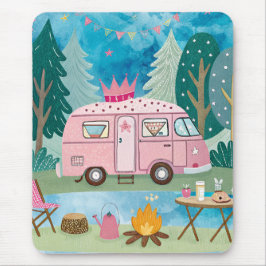 Whimsical Pink Camper Van Camping Scene Muismat