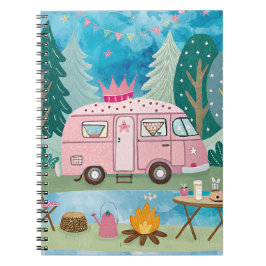 Whimsical Pink Camper Van Camping Scene Notitieboek
