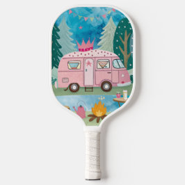 Whimsical Pink Camper Van Camping Scene Pickleball Paddle