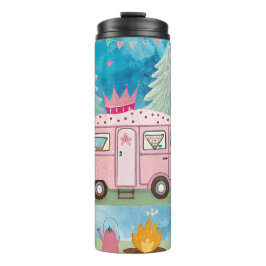 Whimsical Pink Camper Van Camping Scene Thermosbeker