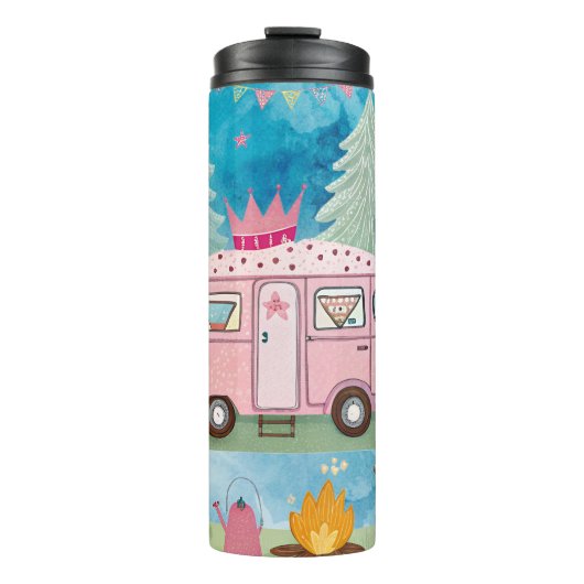 Whimsical Pink Camper Van Camping Scene Thermosbeker (Voorkant)