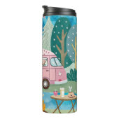 Whimsical Pink Camper Van Camping Scene Thermosbeker (Geroteerd rechts)