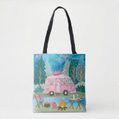 Whimsical Pink Camper Van Camping Scene Tote Bag (Voorkant)