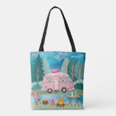 Whimsical Pink Camper Van Camping Scene Tote Bag (Achterkant)