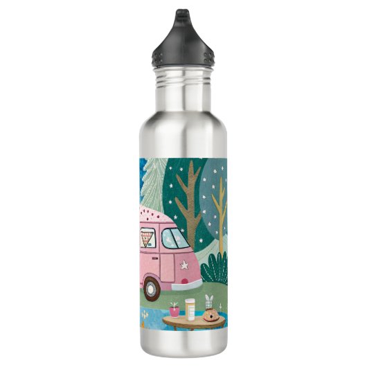 Whimsical Pink Camper Van Camping Scene Waterfles (Rechts)