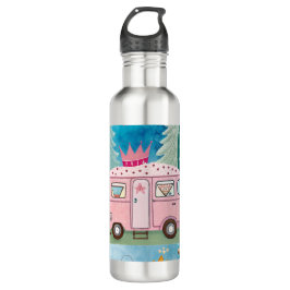 Whimsical Pink Camper Van Camping Scene Waterfles