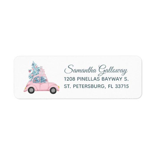 Whimsical Pink Car met kerstboom en cadeautjes Etiket (Voorkant)