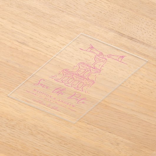 Whimsical Pink Champagne Tower Bewaar de datum Acryl Uitnodigingen (Laagn)