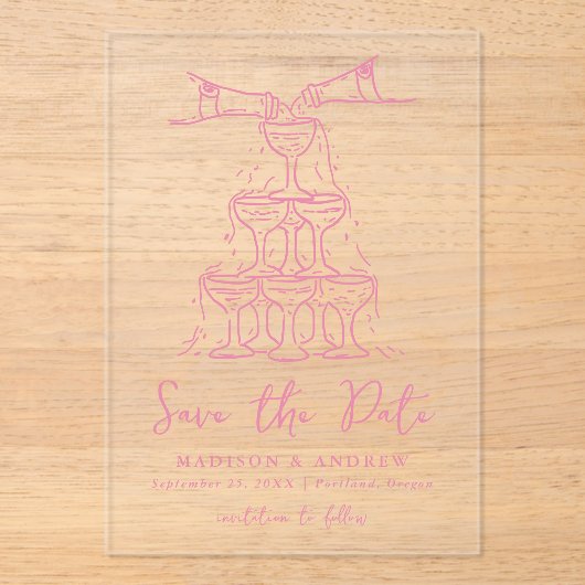 Whimsical Pink Champagne Tower Bewaar de datum Acryl Uitnodigingen (Voorkant)