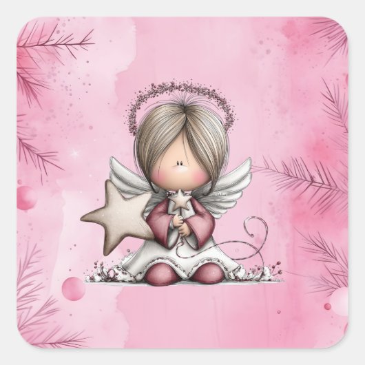 Whimsical Pink Christmas Angel Vierkante Sticker (Voorkant)
