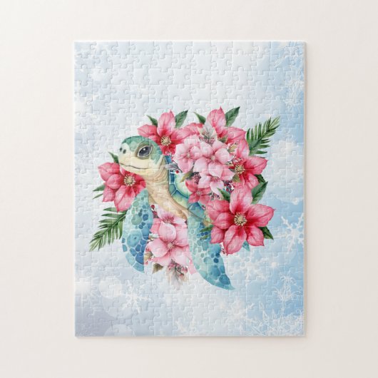 Whimsical Pink Christmas Floral Zee Schildpad Legpuzzel (Verticaal)