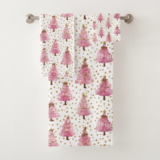 Whimsical Pink Christmas Tree Pattern Bad Handdoek (Insitu)