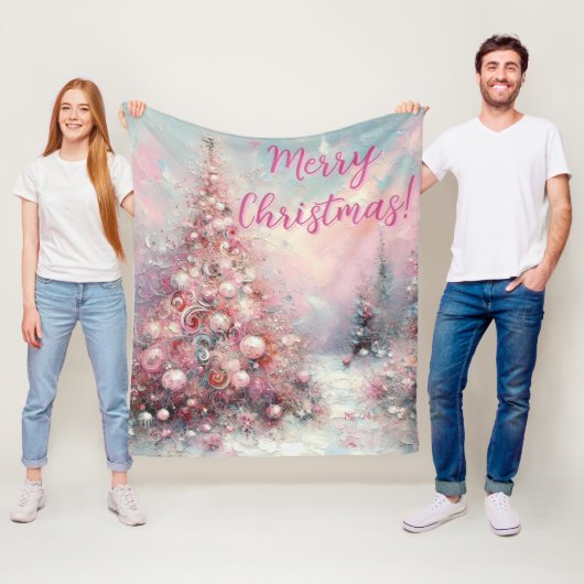 Whimsical Pink Christmas Tree Personalized Fleece Deken (In situ)