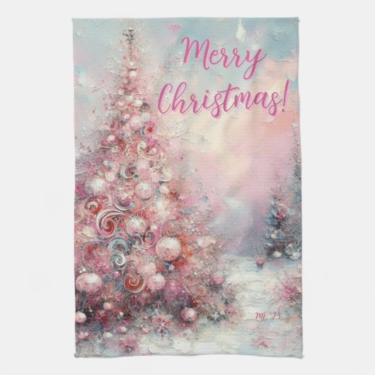 Whimsical Pink Christmas Tree Personalized Theedoek (Verticaal)