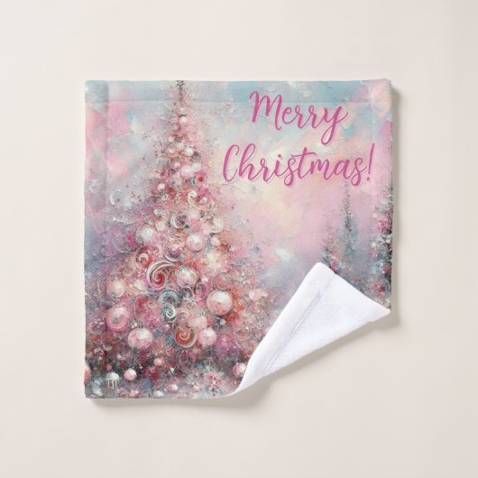 Whimsical Pink Christmas Tree Personalized Washandje (Wasdoekje)