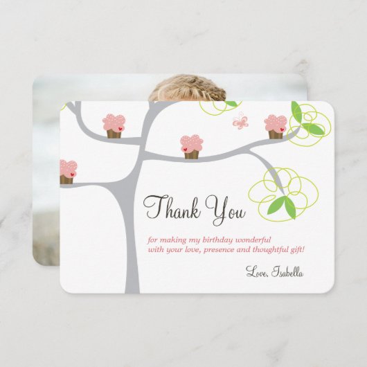 Whimsical Pink Cupcakes Tree Kind's Verjaardagsfot Bedankkaart (Voorkant / Achterkant)