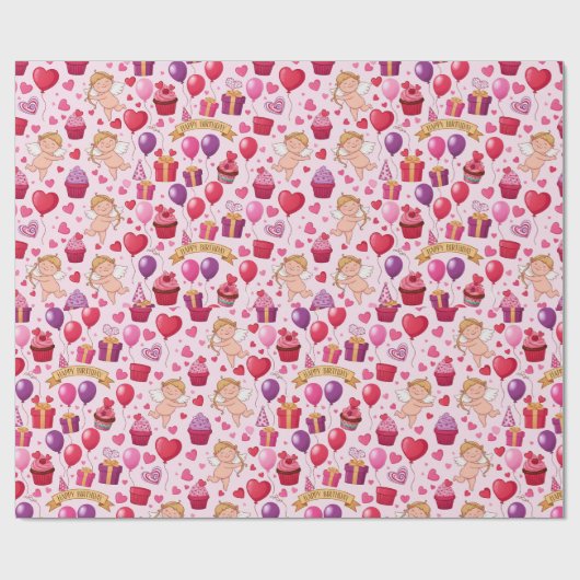 Whimsical Pink Cupid Birthday Balloon Pattern Cadeaupapier (Vlak)