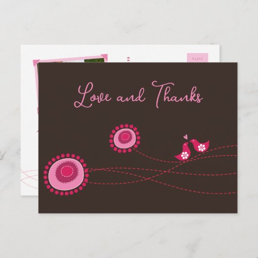 Whimsical Pink Dot Flowers & Happy Birds Hartelijk Briefkaart (Voorkant / Achterkant)