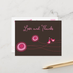 Whimsical Pink Dot Flowers & Happy Birds Hartelijk Briefkaart