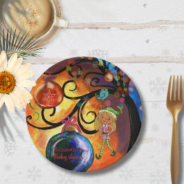 Whimsical Pink Elf & Christmas Tree Baby Shower  Papieren Bordje