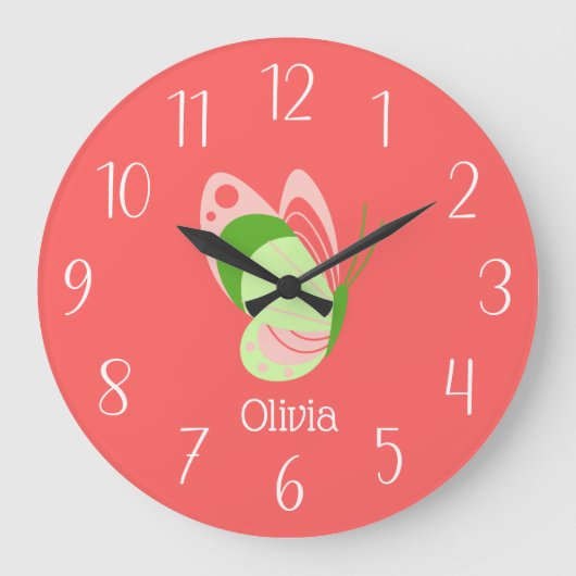 Whimsical Pink en Green Butterfly Grote Klok (Voorkant)