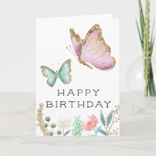 Whimsical Pink en Mint Butterfly Verjaardag Kaart