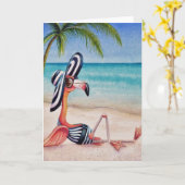 Whimsical Pink Flamingo No. 1 Waterverf Art Kaart (Gele Bloem)