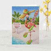 Whimsical Pink Flamingo No. 2 Waterverf Art Kaart (Gele Bloem)