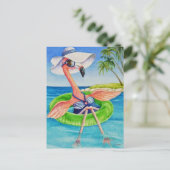 Whimsical Pink Flamingo No. 3 Waterverf Art Briefkaart (Staand voorkant)