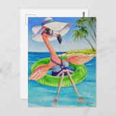Whimsical Pink Flamingo No. 3 Waterverf Art Briefkaart (Voorkant / Achterkant)