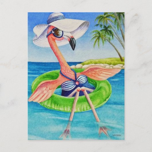 Whimsical Pink Flamingo No. 3 Waterverf Art Briefkaart (Voorkant)
