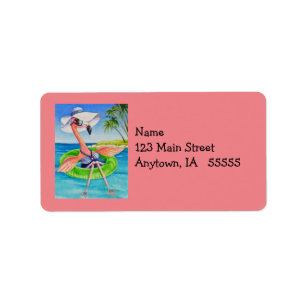 Whimsical Pink Flamingo No. 3 Waterverf Art Etiket