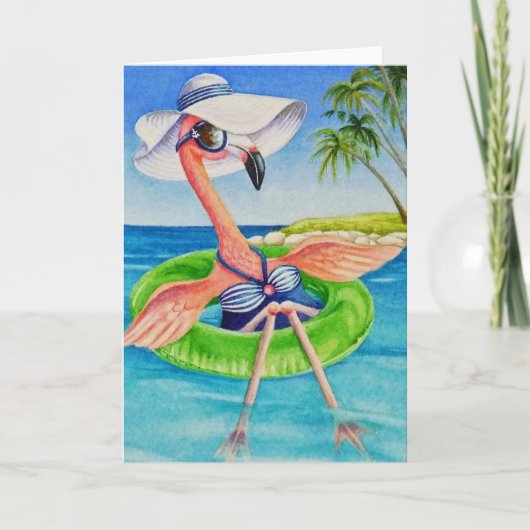 Whimsical Pink Flamingo No. 3 Waterverf Art Kaart (Voorkant)