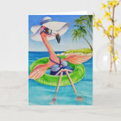 Whimsical Pink Flamingo No. 3 Waterverf Art Kaart (Gele Bloem)