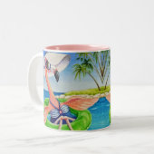 Whimsical Pink Flamingo No. 3 Waterverf Art Tweekleurige Koffiemok (Voorkant links)