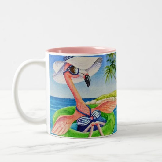 Whimsical Pink Flamingo No. 3 Waterverf Art Tweekleurige Koffiemok (Links)