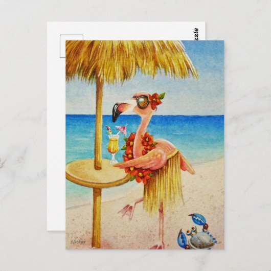 Whimsical Pink Flamingo No. 4 Waterverf Art Briefkaart (Voorkant / Achterkant)
