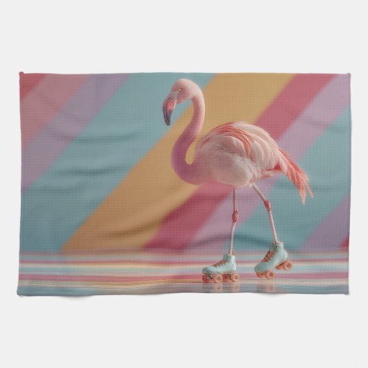 Whimsical Pink Flamingo on Roller Skates Theedoek (Horizontaal)
