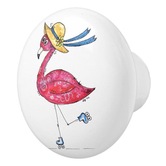 Whimsical Pink Flamingo op Schaatsen Keramische Knop (Rechts)