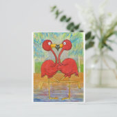 Whimsical Pink Flamingo Pair op Beach Island Art Briefkaart (Staand voorkant)
