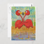 Whimsical Pink Flamingo Pair op Beach Island Art Briefkaart (Voorkant / Achterkant)