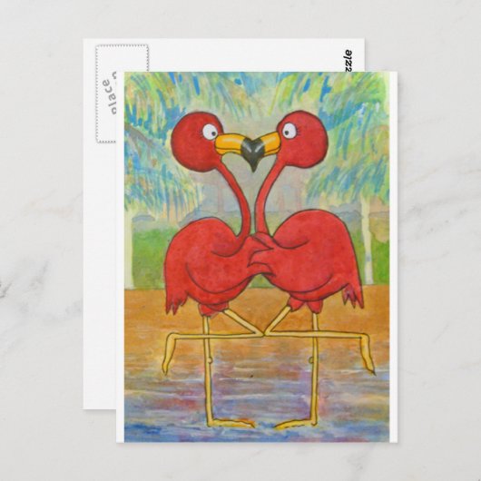 Whimsical Pink Flamingo Pair op Beach Island Art Briefkaart (Voorkant / Achterkant)