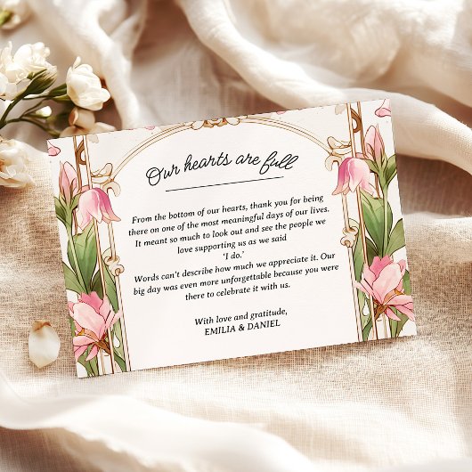 Whimsical Pink Floral Art Nouveau Wedding   Bedankkaart