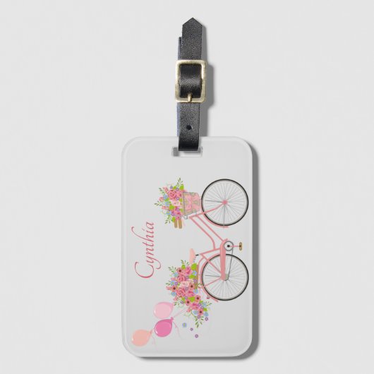 Whimsical Pink Floral Bike Personalized Bagagelabel (Voorkant (verticaal))